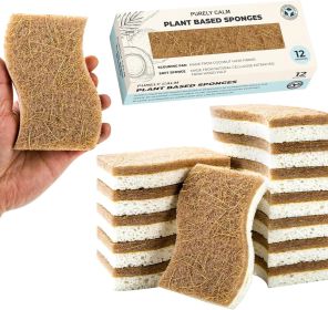 Plant Based Natural Sponge - Pack of 12 Cellulose Sponges, Safe on Non-Stick Cookware, Dual Sided Dish Sponge for Washing Dishes
