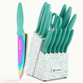 14-Piece Rainbow Colored High Carbon Stainless Steel Kitchen Knife Set, Titanium Coated Blade, Rust-Free & Super Sharp, Flatware Set With Wooden (Option: Green)